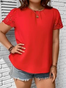 SHEIN LUNE Plus Laser Cut Out Plicated Detail Puff Sleeve Blouse - Red - View 3