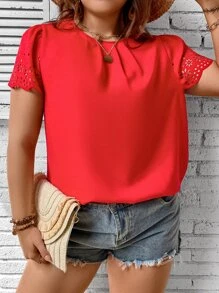 SHEIN LUNE Plus Laser Cut Out Plicated Detail Puff Sleeve Blouse - Red - View 4