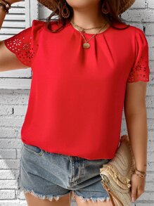 SHEIN LUNE Plus Laser Cut Out Plicated Detail Puff Sleeve Blouse - Red - View 5