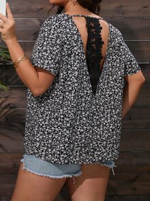 SHEIN LUNE Plus Ditsy Floral Print Guipure Lace Insert Blouse - Black and White - View 2