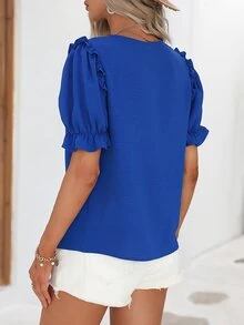 SHEIN Privé Frill Trim Puff Sleeve Blouse - Blue - View 3