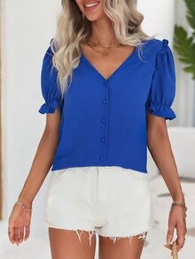 SHEIN Privé Frill Trim Puff Sleeve Blouse - Blue - View 4