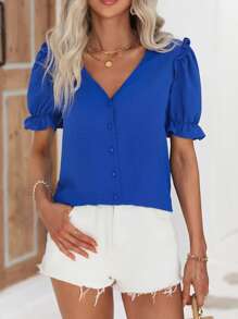 SHEIN Privé Frill Trim Puff Sleeve Blouse - Blue - View 5