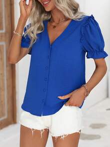 SHEIN Privé Frill Trim Puff Sleeve Blouse - Blue - View 6