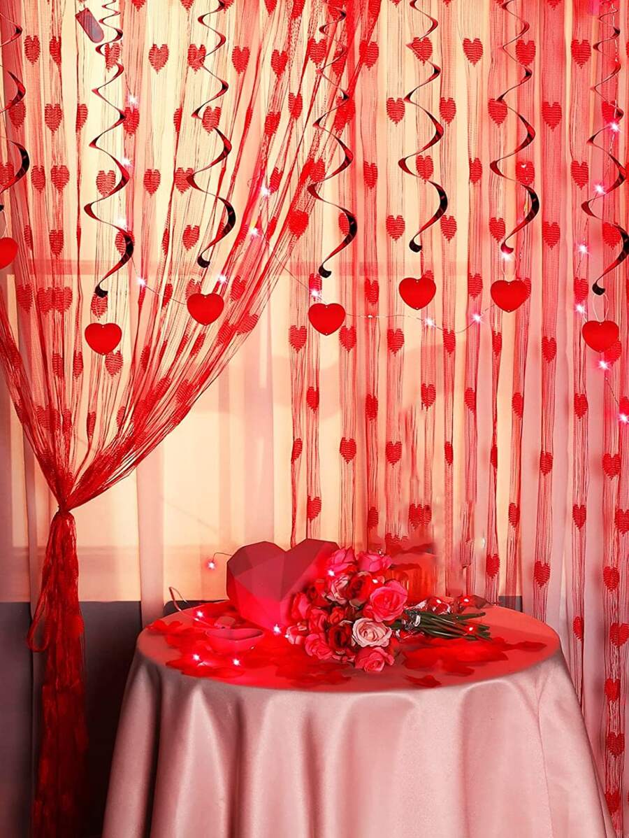 Rèm bảng điều khiển Sheer hoa văn trái tim, Rèm polyester lọc ánh sáng riêng tư cho gia đình - Đỏ - Xem 1