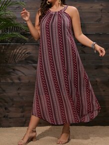 SHEIN Holidaya Plus Ditsy Floral Print Halter Neck Dress - Multicolor - View 5