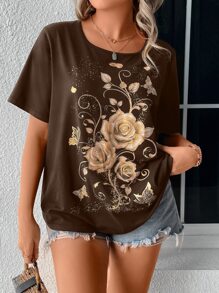 SHEIN LUNE Camiseta con estampado floral - Marrón Chocolate - Ver 3