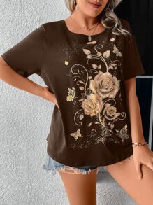 SHEIN LUNE Camiseta con estampado floral - Marrón Chocolate - Ver 4