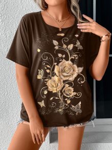 SHEIN LUNE Camiseta con estampado floral - Marrón Chocolate - Ver 5
