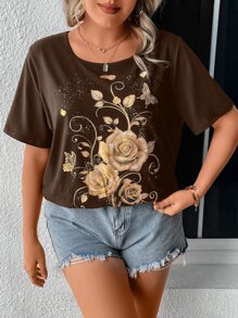 SHEIN LUNE Camiseta con estampado floral - Marrón Chocolate - Ver 6