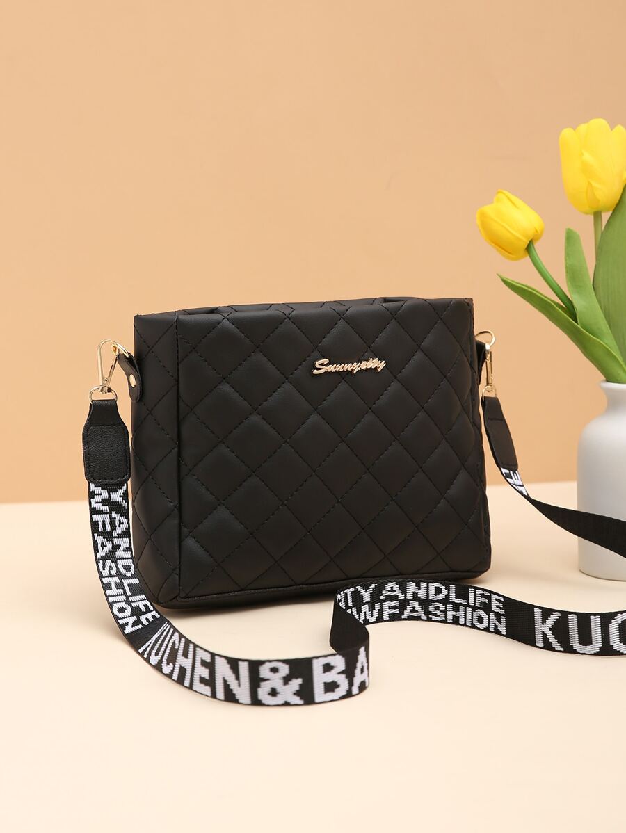 Quilted Square Bag Small Zipper - Black - View 1