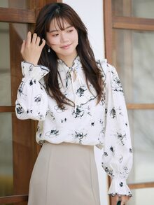 DAZY 印花荷葉邊荷葉袖襯衫 - 黑與白 - 查看 8