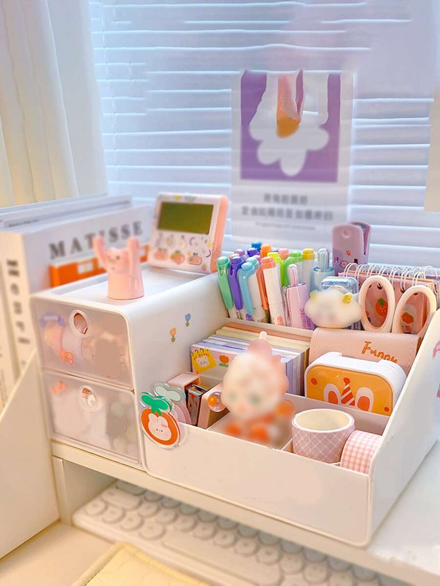 1入組素色文具收納盒簡單多功能桌架學校學生 - 白色 - 查看 1