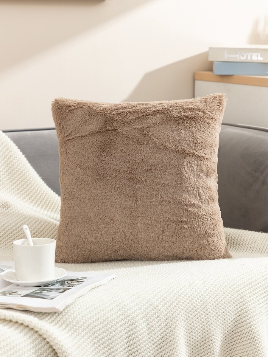 1 pieza funda de cojín peluda sólida sin relleno, funda de cojín cuadrada decorativa de felpa simple para cama, sofá - Caqui - Ver 1