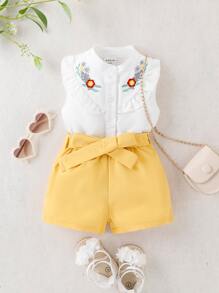 Bebé Shorts con blusa con bordado floral ribete con fruncido - Multicolor - Ver 1