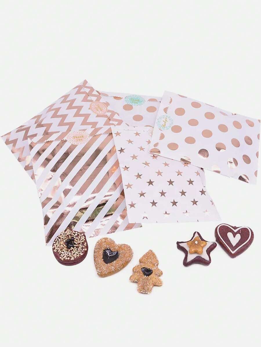 20入組對待糖果袋派對禮品紙包鋸齒紋波卡圓點條紋圖案紙工藝包麵包店包 - 玫瑰金 - 查看 1