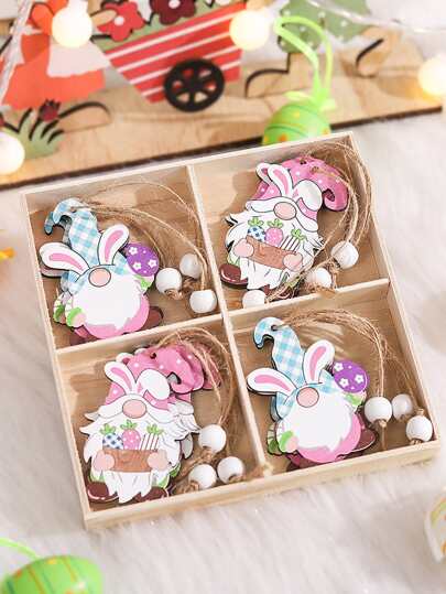 12pcs Easter Rabbit Design Hanging Decoration Craft, Cartoon Wooden Decorative Pendant, For Party