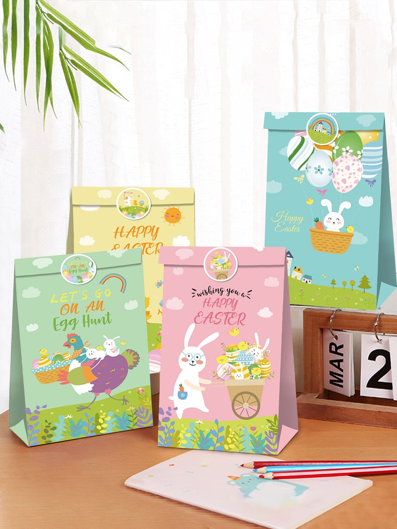 14pcs/set Paper Gift Bag With Sticker, Cute Rabbit Pattern Gift Wrapping Bag For Easter Party - Multicolor - View 1