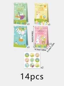 14pcs/set Paper Gift Bag With Sticker, Cute Rabbit Pattern Gift Wrapping Bag For Easter Party - Multicolor - View 3