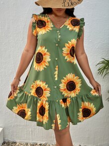 SHEIN Clasi 大碼向日葵圖案荷葉邊娃娃裙 - 綠色 - 查看 1