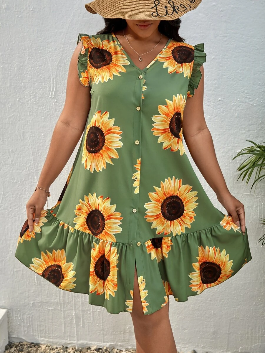 SHEIN Clasi 大碼向日葵圖案荷葉邊娃娃裙 - 綠色 - 查看 1