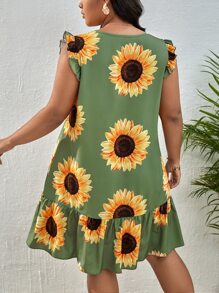 SHEIN Clasi 大碼向日葵圖案荷葉邊娃娃裙 - 綠色 - 查看 2