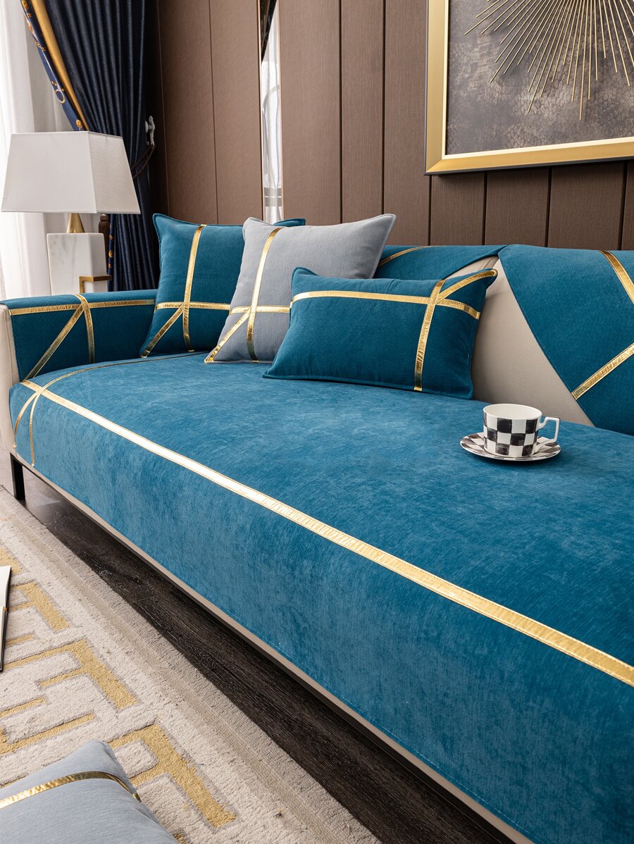 1pc Gold-colored Decorative Chenille Sofa Cushion - Blue - View 1