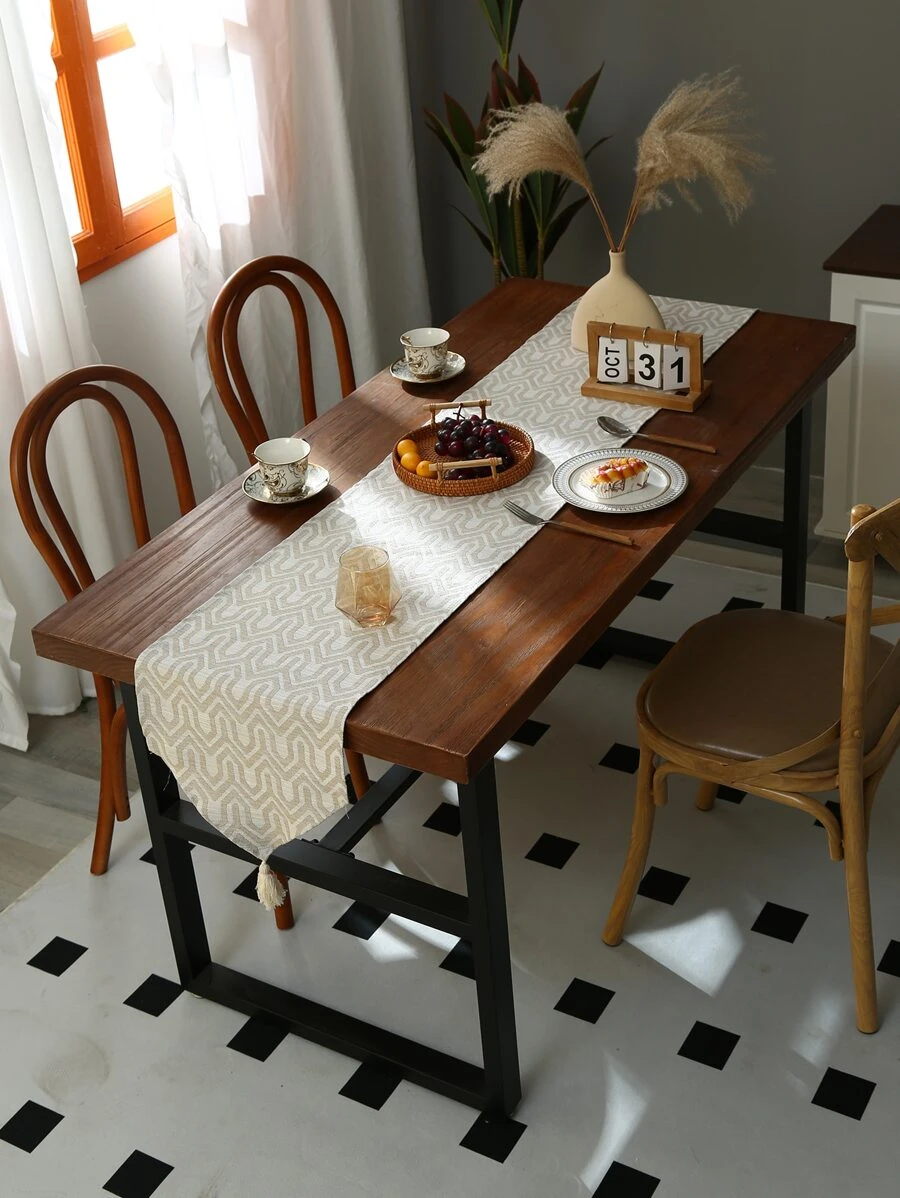 1入組套幾何提花流蘇裝飾桌旗波西米亞滌綸長方形餐桌旗 - 米色 - 查看 1