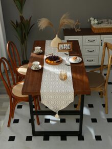 1入組套幾何提花流蘇裝飾桌旗波西米亞滌綸長方形餐桌旗 - 米色 - 查看 2