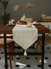 1入組套幾何提花流蘇裝飾桌旗波西米亞滌綸長方形餐桌旗 - 米色 - 查看 4