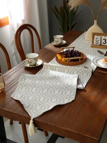 1入組套幾何提花流蘇裝飾桌旗波西米亞滌綸長方形餐桌旗 - 米色 - 查看 5