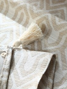 1入組套幾何提花流蘇裝飾桌旗波西米亞滌綸長方形餐桌旗 - 米色 - 查看 7