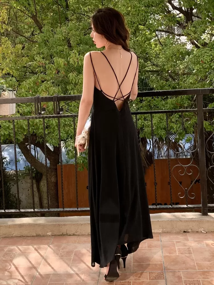 DAZY Solid Criss Cross Backless Cami Dress Party Women Sundress Homecoming Dresses - Black - View 4