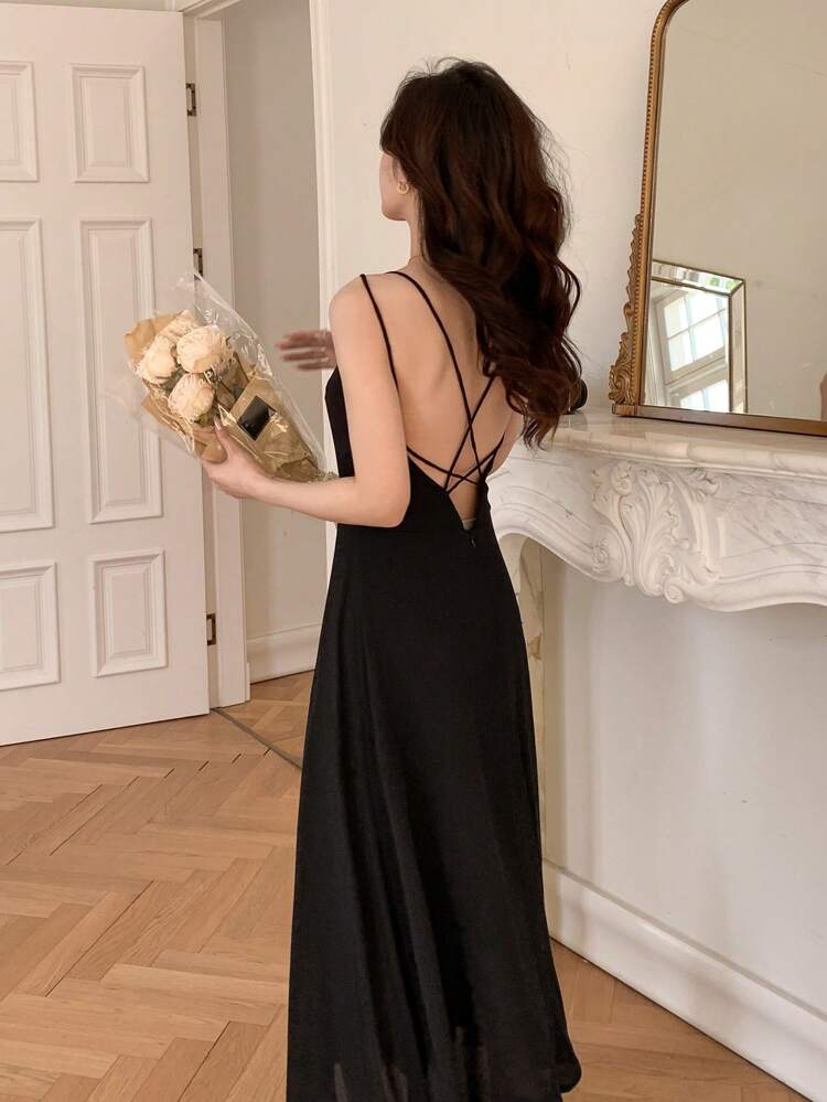 Solid Criss Cross Backless Cami Dress Party Women Sundress Homecoming Dresses