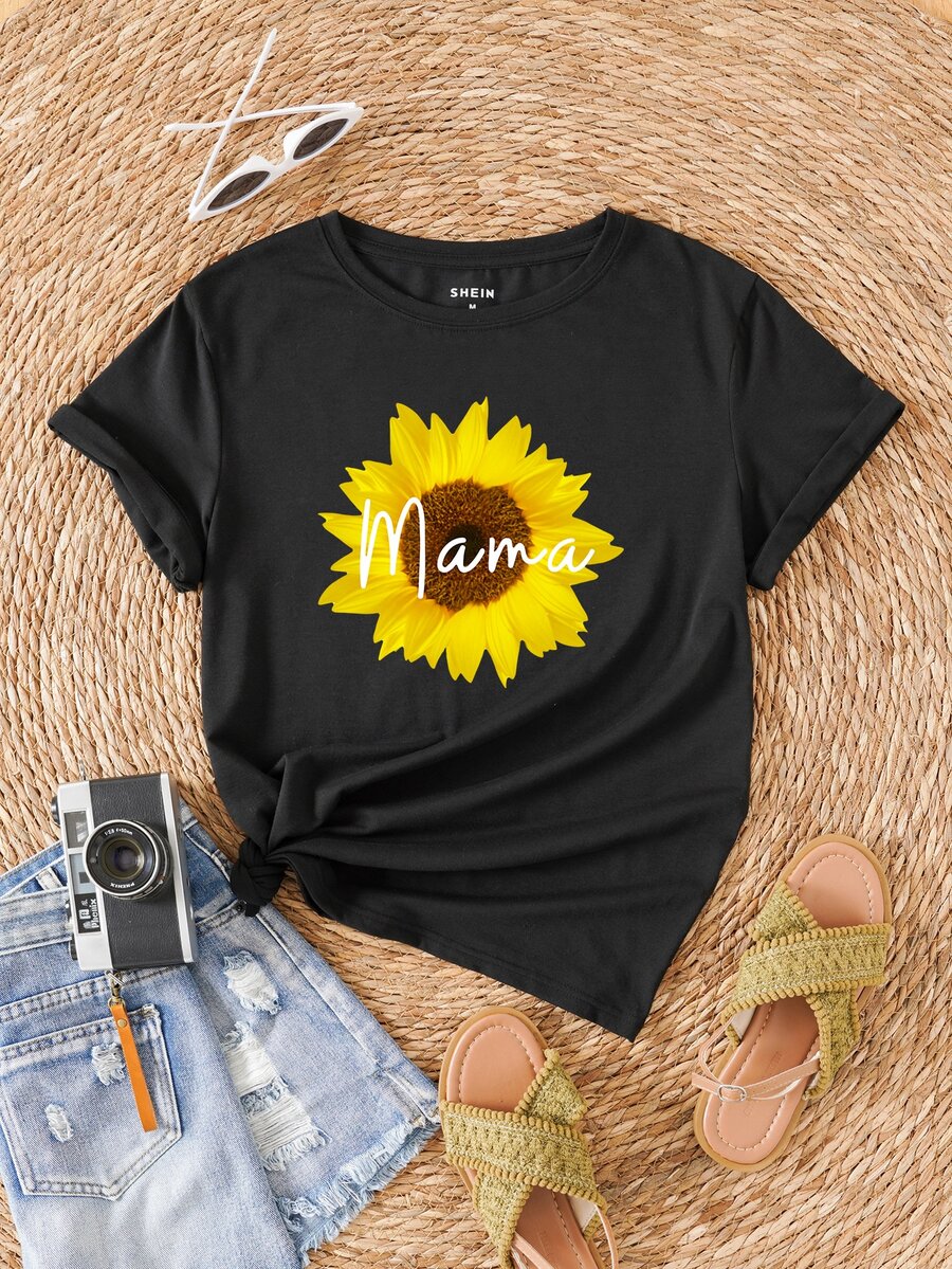 SHEIN LUNE Sunflower And Letter Graphic Tee - Black - View 1
