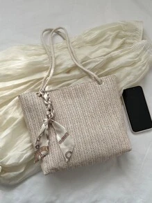 Khaki Straw Bag Skinny Scarf Decor Double Handle For Vacation - White - View 6