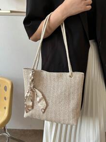 Khaki Straw Bag Skinny Scarf Decor Double Handle For Vacation - White - View 8