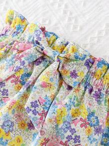 SHEIN Baby Floral Print Paperbag Waist Bow Front Ruffle Trim Shorts - Multicolor - View 3