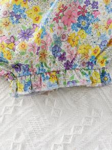 SHEIN Baby Floral Print Paperbag Waist Bow Front Ruffle Trim Shorts - Multicolor - View 5