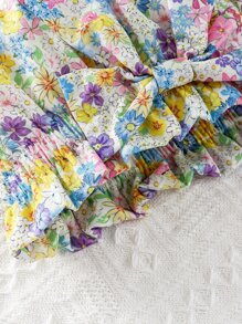 SHEIN Baby Floral Print Paperbag Waist Bow Front Ruffle Trim Shorts - Multicolor - View 4