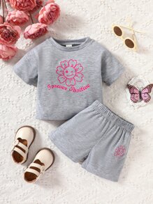 Baby Cartoon & Letter Graphic Tee & Shorts - Light Grey - View 1