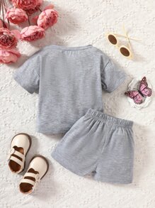 Baby Cartoon & Letter Graphic Tee & Shorts - Light Grey - View 2