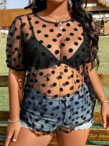SHEIN Holidaya Plus Polka Dot Print Puff Sleeve Mesh Top Without Bra - Black - View 2