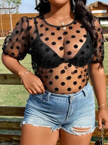 SHEIN Holidaya Plus Polka Dot Print Puff Sleeve Mesh Top Without Bra - Black - View 5
