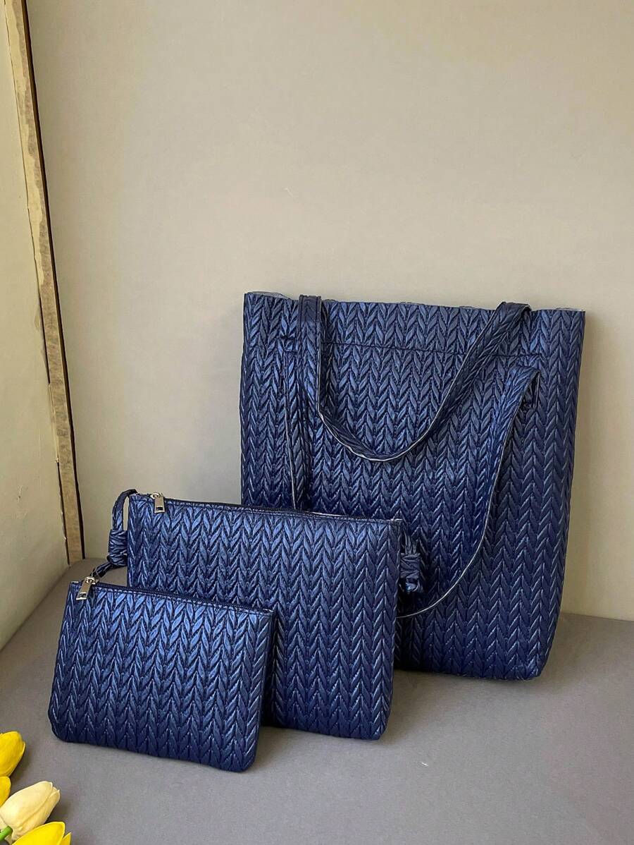 3入組包袋套裝手提包斜挎包藍色，最佳女士工作包 - 藍色 - 查看 1