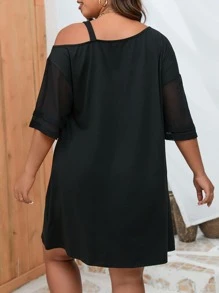 SHEIN Clasi 大碼鏈條細節不對稱領落肩袖連衣裙 - 黑色 - 查看 2