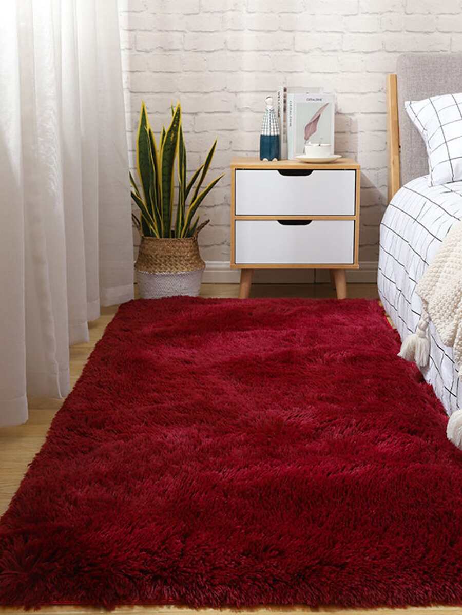 1入組素色紅色地毯現代滌綸蓬鬆地墊適用於客廳和臥室 - 酒紅色 - 查看 1