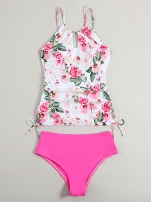 花卉印花抽绳侧分体泳衣夏季海滩 - 粉色 - 查看 6