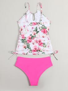 花卉印花抽绳侧分体泳衣夏季海滩 - 粉色 - 查看 5
