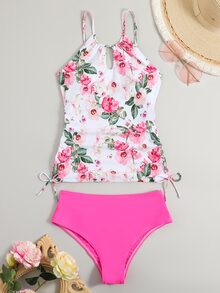 花卉印花抽绳侧分体泳衣夏季海滩 - 粉色 - 查看 8